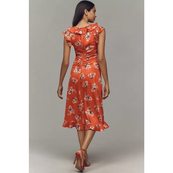 NWT By Anthropologie V-Neck Ruched Ruffle Floral Midi Dress Size 14 Red #9G507 - Picture 4 of 11